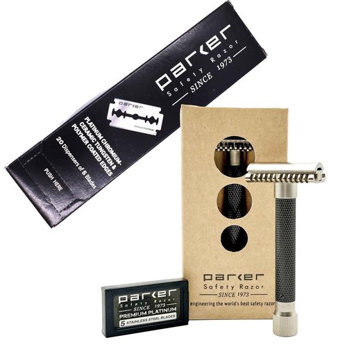 The Parker Variant OPEN COMB ADJUSTABLE Double Edge Safety Razor and 105 Blade Bundle (GRAPHITE)