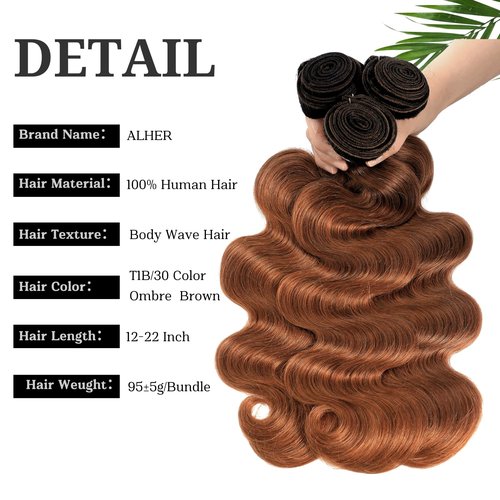 ALHER T1B/30 Human Hair Bundles Body Wave, 12A Ombre Brown Colored 3 Bundles Dark Root Two-tone, 100% Brazilian Virgin Remy Human Hair for Black Women Soft Thick Wavy 12 14 16 Inch