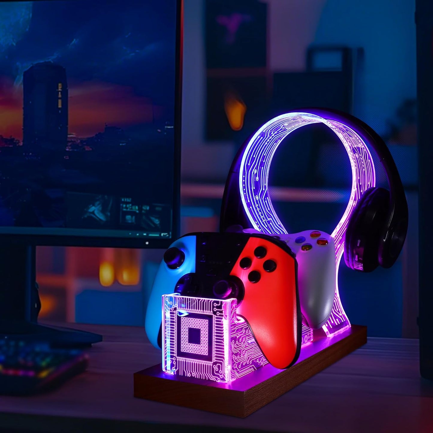 YuanDian Gamer Gifts for Teenage Boy, Desk Gaming Headset and Controller Stand with Blue Pink LED Night Light, Acrylic Wooden Controller Holder with PCB Pattern, Desk Decor Gift