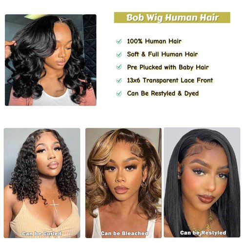 Gureimi 14 Inch Bob Wig Human Hair Short 13x6 Lace Front Wigs Human Hair 200 Density