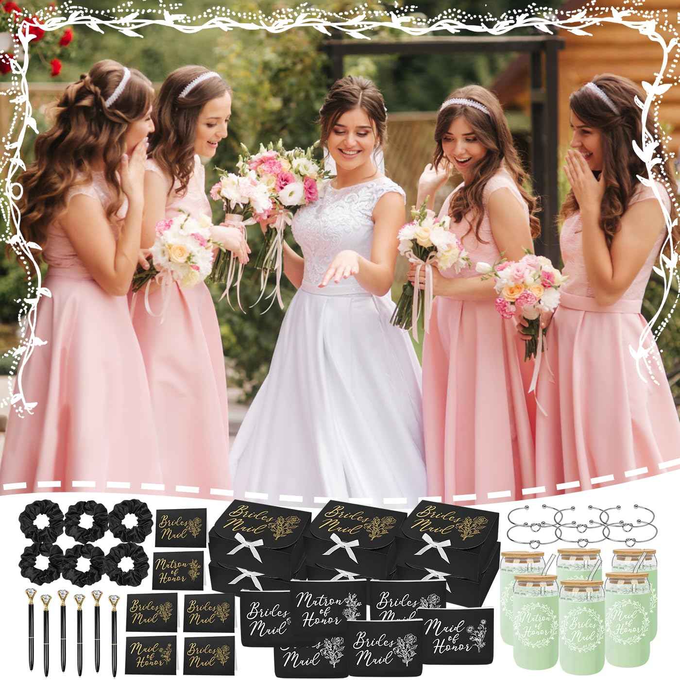 42Pack Bridesmaid Proposal Gifts,Maid of Honor Gifts Matron of Honor Gifts Including Bridesmaid Boxes,16oz Cups Makeup Bag Bracelets Diamond Pen Invitation Cards Scrunchies for Wedding (Black)