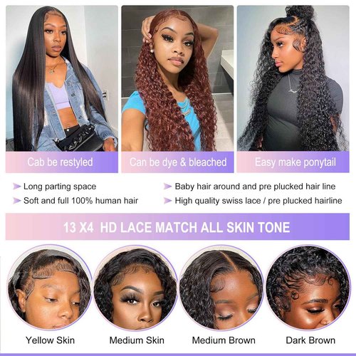 ALEPAZ 30 Inch Lace Front Wig Human Hair Deep Wave 13x4 HD Transparent Lace Frontal Curly Wigs for Women Human Hair 180% Density Glueless Wigs Human Hair Pre Plucked with Baby Hair Natural Black