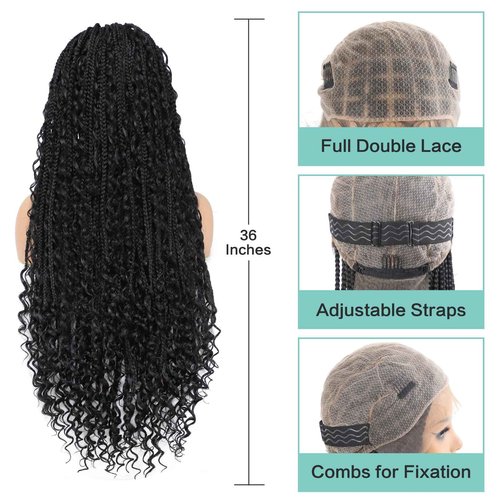 Humistwbiu Boho Box Braid Knotless Goddess Locs Wigs with Curly Ends Double Full Lace Square Synthetic Braided Wigs with Baby Hair for Woman Natural Black 36 Inch