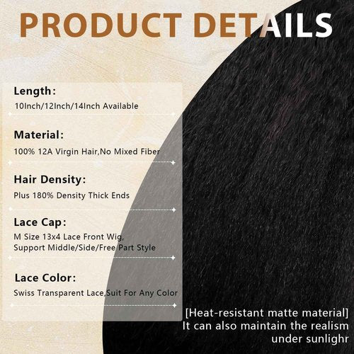 Msviki 4C Edges Baby Hair Kinky Straight Human Hair Wig Glueless Side Part Short Yaki Bob Wig Human Hair Thick End UHD 13x4 Lace Front Wig Pre-Bleached Natural Color Brazilian Virgin Hair 10"