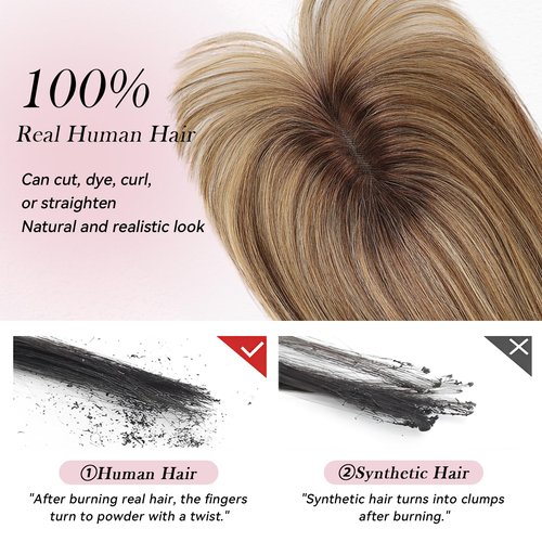 EMMOR 10 Inch Real Human Hair Topper for Women - Upgrade Swiss Lace Base with 3 Non-Slip Clips, 4.5" x 3" Clip in Bangs for Thinning Hair & Natural Hair Loss Coverage(Ombre Brown & Blonde Highlight)