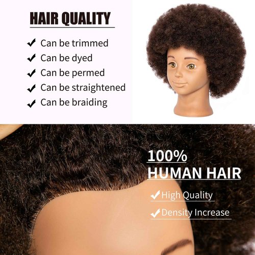 headdoll Mannequin Head Human Hair African Mannequin Head with 100% Human Hair Manikin Doll Head for Hair Styling with Cute appearance and embed Curly Cosmetology Manican Mannequins Heads with Stand