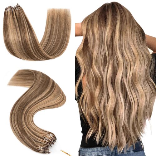Hairro Microlinks Hair Extensions Highlighted Balayage Micro Bead Ring Loop Tipped Hair Seamless Straight Real Human Hair For Women 24 Inch 50g 50 Strands #4P27 Medium Brown mix Dark Blonde