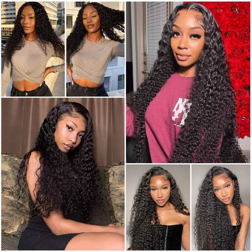 Comlen 13x6 Deep Wave Lace Front Wigs Human Hair 200 Density HD Transparent Lace Front Wig 28 inch Curly Lace Frontal Wigs for Women Pre Plucked Natural Black