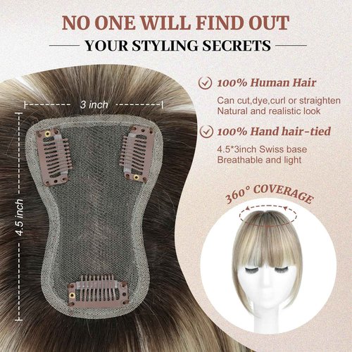 Hair Toppers for Women Real Human Hair 4.5x3inch Swiss Base Hairpieces, Human Hair Toppers for Women with Bangs (Ombre Light Brown with Blond Highlight)