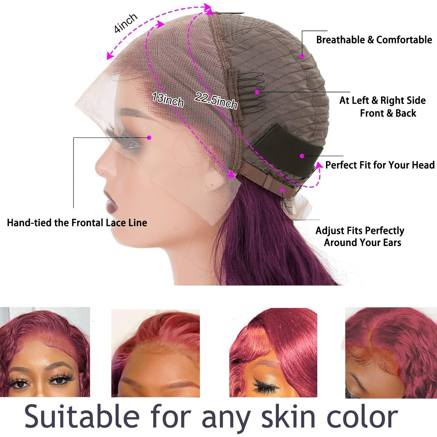 GGEDUO Dark Purple Ombre Lace Front Wig Human Hair Body Wave Burgundy Ombre 13x4 HD Glueless Lace Front Wigs 3 Tone Pink to Red and Purple Colored for Fashion Women 180% Density 18 Inch