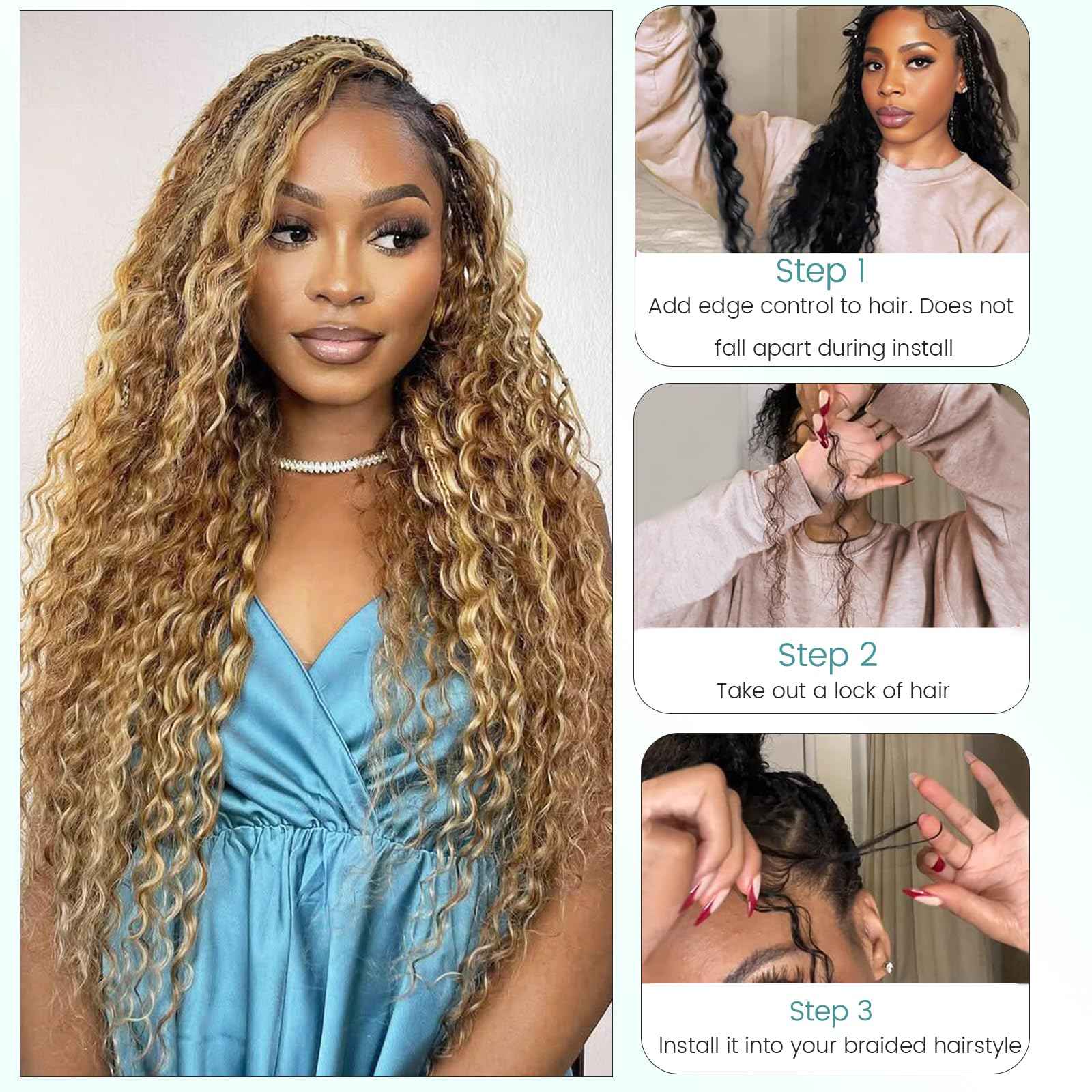 Highlighted Human Braiding Hair 24 Inch Water Wave Bulk Human Hair for Braiding No Weft 100% Unprocessed Ombre Blonde Curly Micro Human Hair Braiding Hair Extensions for Boho Braids Wet and Wave 100g