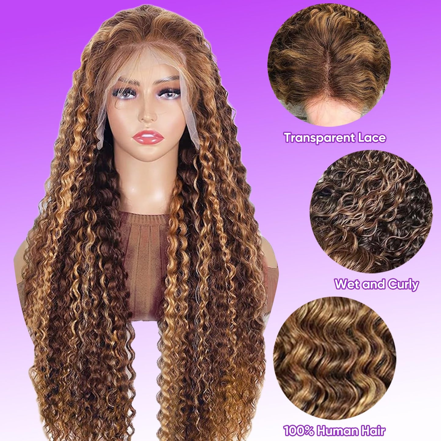 13x6 Highlight Ombre Lace Front Wigs Human Hair P4/27 Honey Blonde Lace Frontal Wigs Human Hair 200 Density Colored deep Curly Glueless Lace Front Wigs Pre Plucked with Baby Hair for Women (24 Inch)