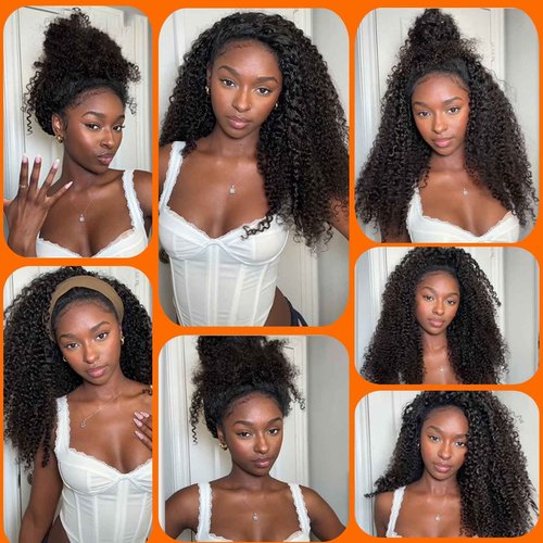 CabeDuck 20 Inch Kinky Curly Half Wig Human Hair 210% Density Wear then Go Glueless Wigs Human Hair Curly 3 In 1 Half Wigs for Women Drawstring Headband Wig Beginner Friendly Second Generation