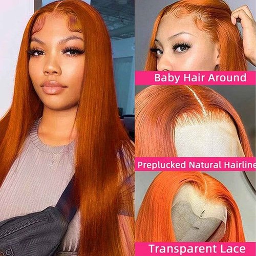 Fiumer Ginger Wig Human Hair 13x4 Straight Ginger Orange Lace Front Wigs Human Hair HD Transparent Lace Frontal 350 Colored Wig Pre Plucked 180% Density 28inch