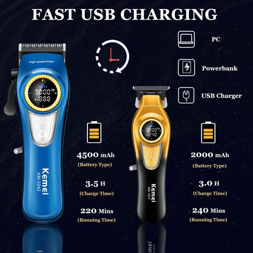 KEMEI Professional Hair Clippers for Men, Cordless Barber Clippers with LED Display and Charging Base, T-Blade Hair Trimmer, KM-2242 Blue, KM-1677