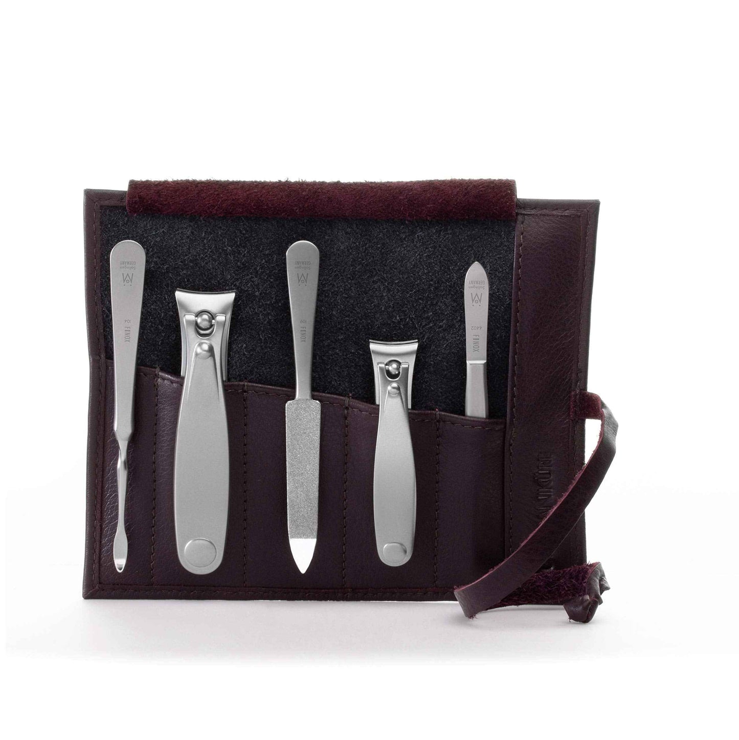 GERMANIKURE 5pc Manicure Set in Dark Purple Leather Case - Made in Solingen Germany, FINOX Stainless Steel Tools – Professional Quality Compact Nail Grooming Kit