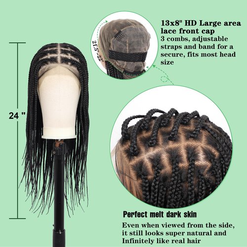 Youthfee 13x8 HD Lace Front Box Braided Wigs for Women Knotless Braided Lace Wig With Baby Hair Full Lace Braiding Wig 24" Premium Synthetic Braid Lace Front Wigs