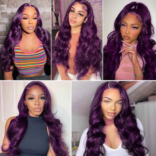 haha Deep Purple Lace Front Wig Human Hair 13X6 Hd Lace Frontal Wig Dark Purple Human Hair Wig Colored Glueless Body Wave Transparent Lace Front Grape Purple Wig For Women 180% Density 26 Inch