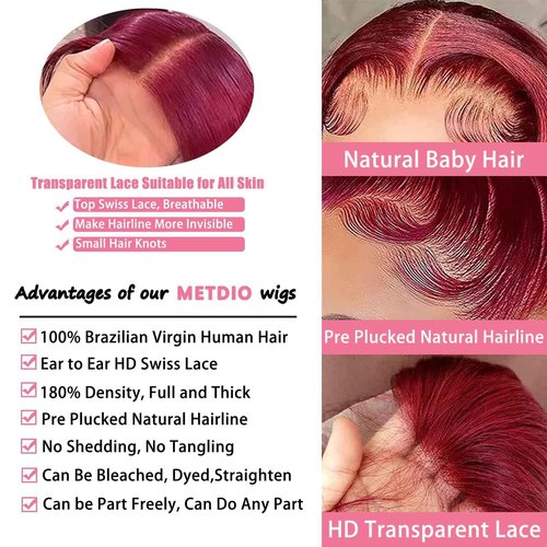 METDIO 99J Burgundy wig human hair 13x4 body wave lace front wigs human hair 180 Density Pre Plucked Glueless Wine red colored lace front wig for Women 30inch