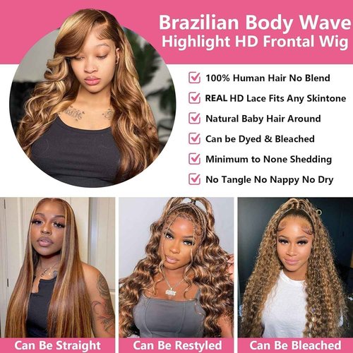 Megeen Body Wave Honey Blonde Lace Front Wig Human Hair Pre Plucked Highlight Ombre P4/27 Colored 210% Density 13x4 HD Lace Frontal Wigs Human Hair for Women 22Inch