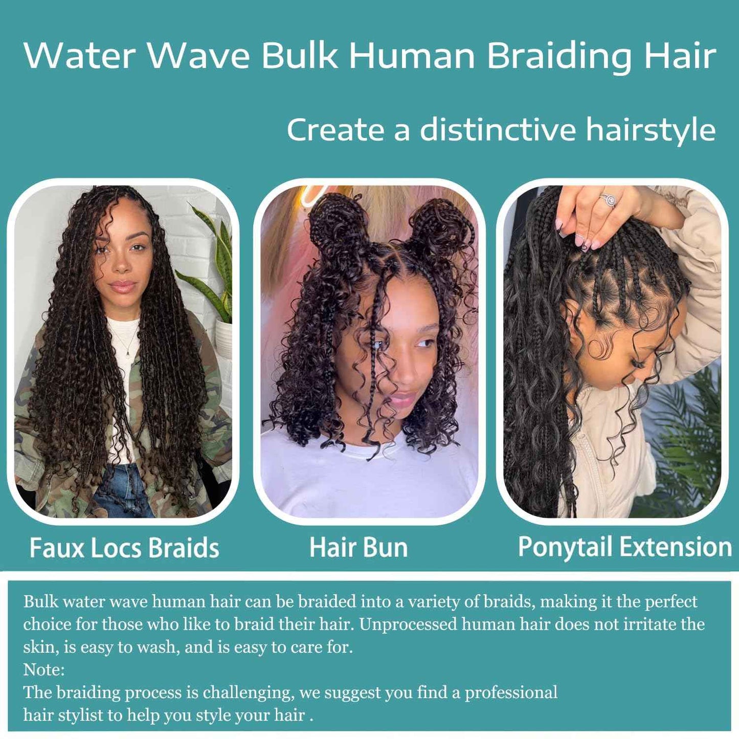 Human Braiding Hair 3 Bundles/Pack 150g Curly Water Wave Human Bulk Hair for Braiding No Weft 10A Brazilian Virgin braiding Hair for Boho Braids Wet and Wavy Braids Extensions (22 22 22inch)