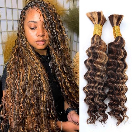 Human Braiding Hair for Boho Braids Highlight Deep Wave Bulk Human Hair for Braiding 22 Inch 2 Bundles 100G P430 Brazilian Wet and Wavy Curly Ombre Human Hair Braiding Hair Extensions No Weft Bundles