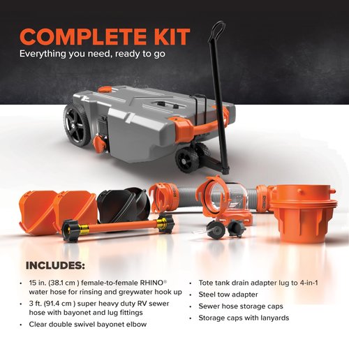 Camco Rhino 28-Gallon Portable Camper/RV Tote Tank | Features 2 Steerable No-Flat Front Wheels & Built-In Gate Valve | Includes Removable 24" Tow Bar, 3’ Sewer Hose & More RV Accessories (39005)