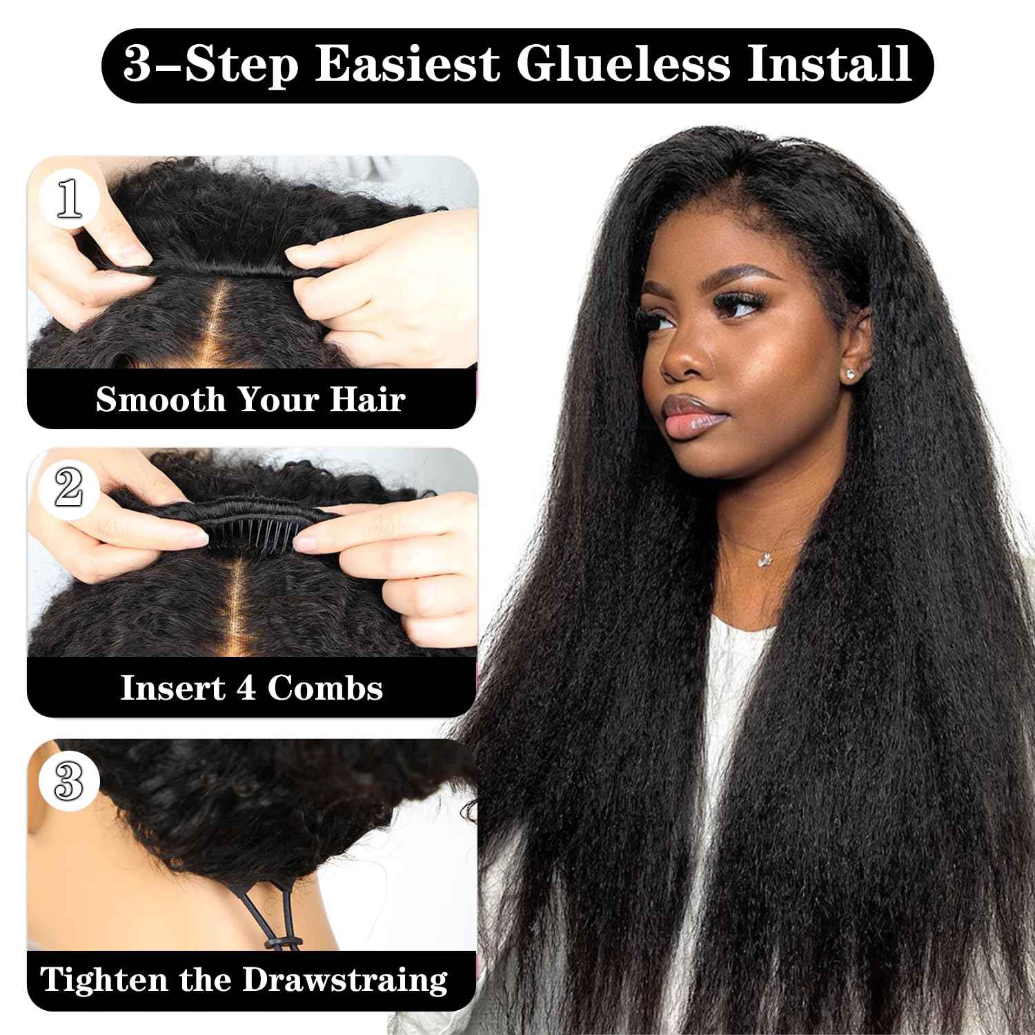 200 Density Kinky Straight Half Wig Human Hair 18 Inch,Yaki Straight 3 In 1 Seamless Flip Over Half Wigs Human Hair Glueless Wear Go Beginner Friendly Curly Half Wig Drawstring Headband Wig for Women