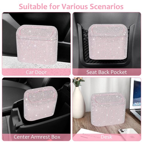 Accmor Bling Car Trash Can with Lid, Leakproof Mini Vehicle Trash Bin Automotive Dustbin Organizer Storage, Sparkling Crystal Rhinestone Trash Bag Container with 30pcs Garbage Bags Car Accessories