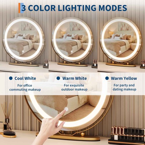 GarveeHome 19 in Vanity Mirror with Lights, Round Large LED Vanity Mirror with Smart Touch 3 Colors Dimmable, Touch Lighting, 360° Rotation for Dressing Room & Bedroom Tabletop, Easy Assembly(Gold)