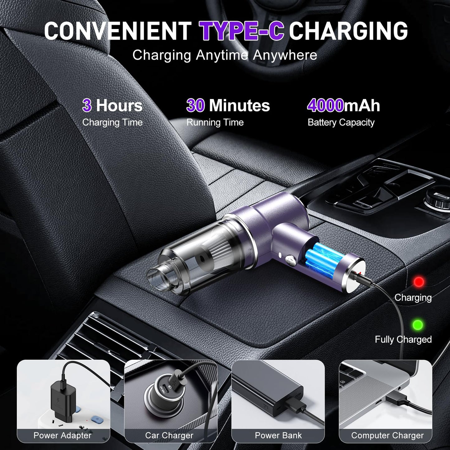 KMM Handheld Car Vacuum Cleaner, 11000PA Vacuum Cleaner & Air Duster, 120W High Power Vacuum Portable Cordless, Hand Held Vacuum Rechargeable with Multi-Nozzles & LED Light for Home, Car, Office