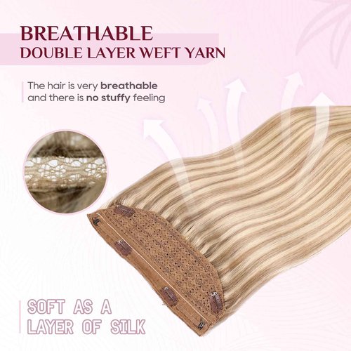 Halo Hair Extensions - Light Blonde Highlighted Bleach Blonde Headband Adjustable Size Removable Secure,Halo Extensions Real Human Hair #1622O 14 Inch 70g