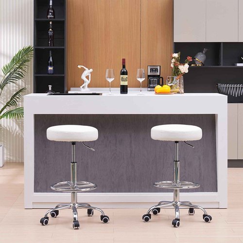 VECELO Round Rolling Stool with Footrest and Wheels, Easy Assembly PU Leather Height Adjustable Drafting Swivel Chair for Spa Salon, Office, Medical, Beauty, Bar, Lab, White
