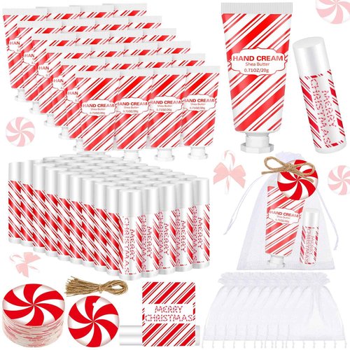 Heigble 144 Pcs Christmas Candy Cane Lip Balm Hand Cream Set Party Favors Including 36 Lip Balm 36 Moisturizing Hand Cream 36 Bags 36 Cards and Ropes for Xmas Accessories Gifts