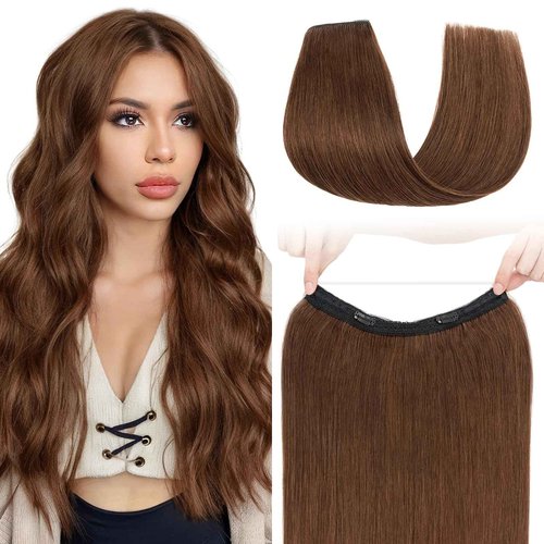 S-noilite Halo Hair Extension Invisible Wire in Real Remy Human Hair Extensions with Clips Adjustable Hidden Wire in Hair Extension for Women 20 inch Medium Brown
