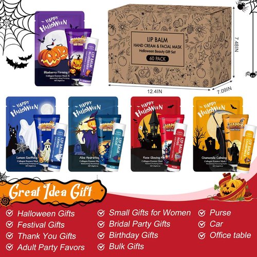 60 Pack Bulk Halloween Facial Mask, Hand Cream and Lip Balm Sets, Halloween Gifts, Halloween Party Favors, Halloween Decorations and Halloween Basket Stuffers with Halloween Card and Organza Bags