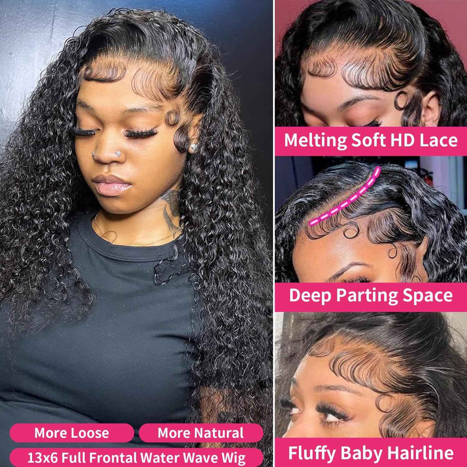 20 Inch 13x6 Lace Front Wigs Human Hair Water Wave 200 Density 13x6 HD Full Lace Frontal Wigs Pre Plucked Wet and Wavy Glueless Deep Curly Human Hair Wigs for Women Natural Black