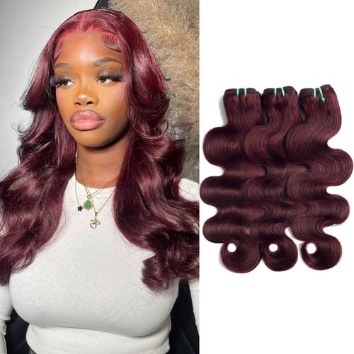 HERMOUS 13A Double Drawn 99J Dark Burgundy 3 Bundles Body Wave Human Hair, Double Lifespan Than Regular Hair, Keep Silky And Soft After Washes Colored #99J Wine Cheery Red Bundles Raw Hair 12 14 16 IN