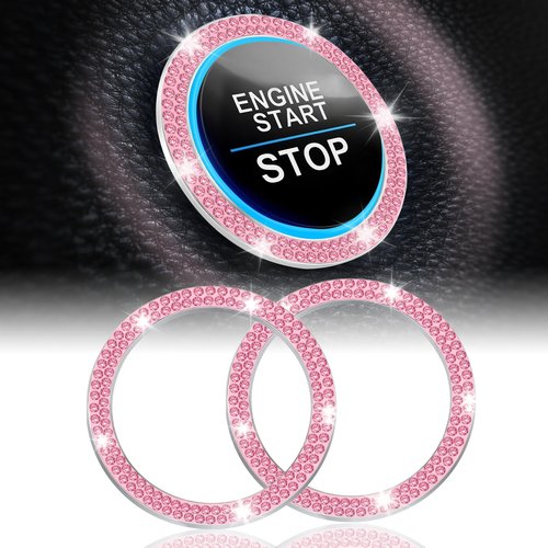 LivTee 2 PCS Crystal Double Rhinestone Car Engine Start Stop Decoration Ring, Bling Car Interior Accessories for Women, Push to Start Button Cover Sticker, Automotive Decals, Pink