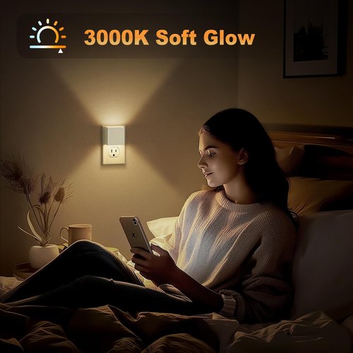JandCase Night Light,Automatic Night Lights Plug into Wall,Dusk to Dawn,2 Pack Soft White 3000K Brightness Adjustable Nightlight for Kids Bedroom Bathroom Hallway Kitchen