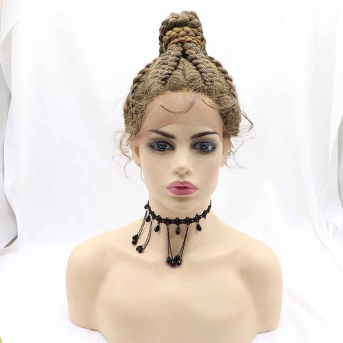 Sylvia Dutch Braided Brown Wigs Mixed Brown Braided Hand Made Wig 8x Twist Braids Synthetic Braid Lace Front Wigs For Women Hair 100% Hand Made High Ponytails Lace Braids Wig…