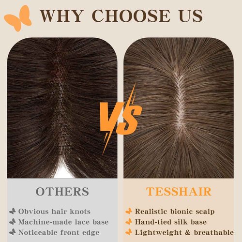 TESSHAIR Human Hair Toppers for Women, 150% Density Hair Topper with Bang, No Tangle & Smooth, Upgrade 7x13cm Silk Base, 14 Inch #02 Dark Brown