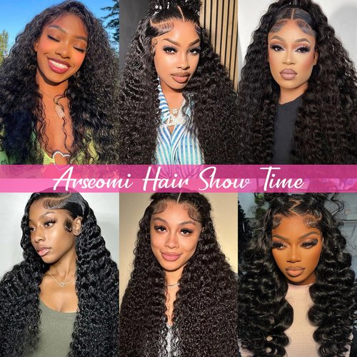 Arseomi Deep Wave Lace Front Wigs Human Hair 200% Density13x6 HD Transparent Deep Wave Lace Frontal Wigs Pre Plucked Deep Wave Wig Glueless Curly Lace Front Wigs for Women (22 Inch)