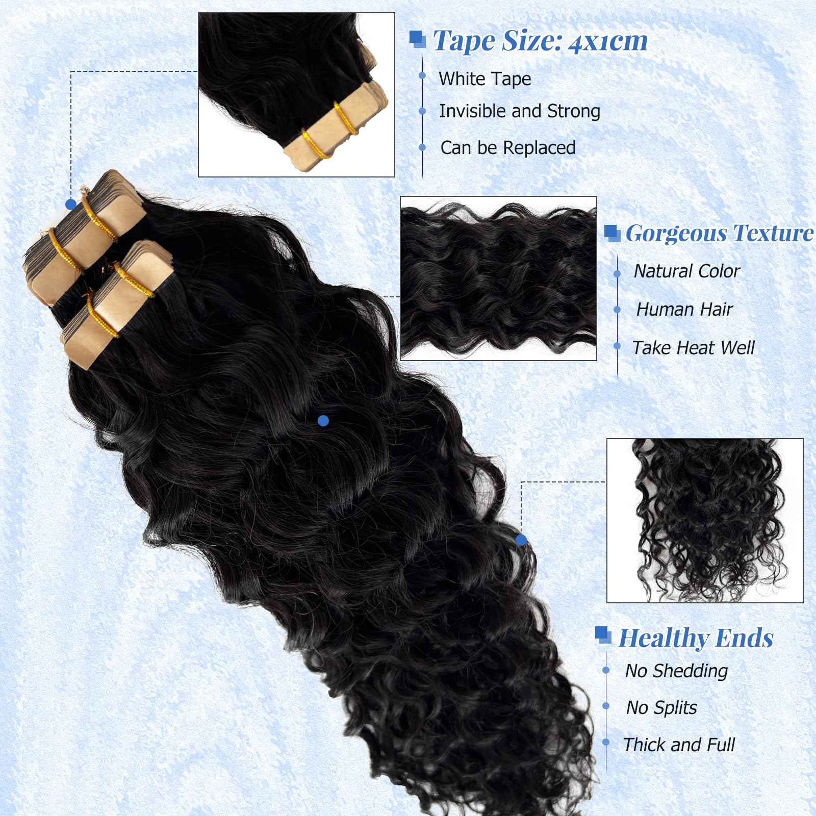 Long Curly Wave Tape in Hair Extensions Natural Color 22 Inch Water Wave Tape in Human Hair Extensions 40PCS 100G Thick and Full Invisible Tape ins Water Wave Real Remy Human Hair Pieces Black