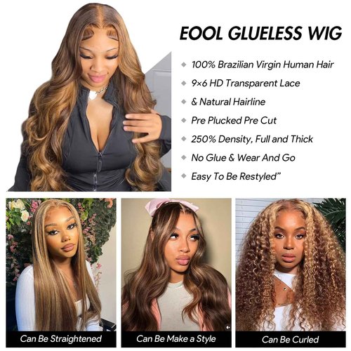 eool Highlight Glueless Wigs Human Hair Pre Plucked Pre Cut Wear and Go 9X6 HD Lace 4/27 Honey Blonde Body Wave Balayage Wigs for Black Women, 220% Density Glueless Human Hair Wigs 16Inch