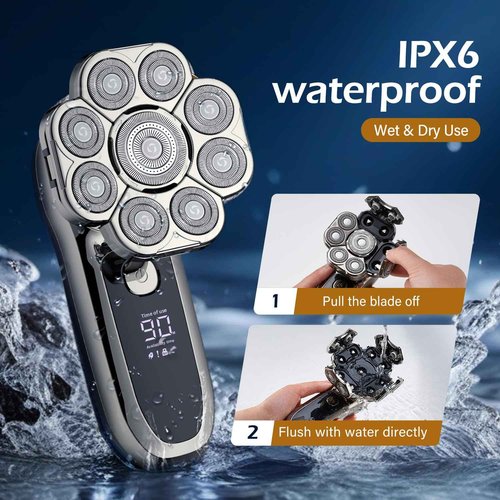9 Floating Heads Detachable Head Shavers,6 in 1 Electric Razor IPX6 Waterproof for Bald Men, Wet Dry Mens Grooming Kit,LED Display Rechargeable 9D Rotary Shaver Grooming Kit with Type-C Charge