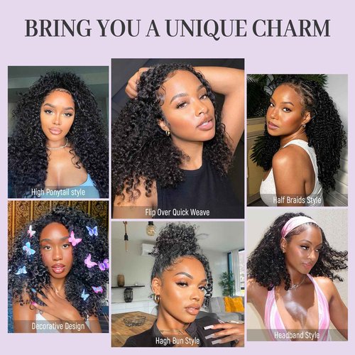 ShineKiss Half Wig Human Hair Glueless Wig Upgrade 4 IN 1 Kinky Curly Half Wig with Invisible Wire Snap Clips Drawstring Flip Over Easy Wear Headband Wig Beginner Friendly 200 Density 16 Inch