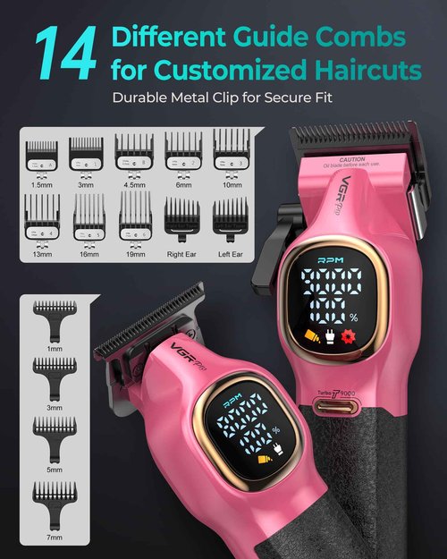 VGRPRO Professional Hair Clippers for Men, Professional Barber Clippers and Trimmer Set, Cordless Hair Clippers for Hair Cutting with Package Case, Powerful 9000 PRM Rechargable Electric (Pink)