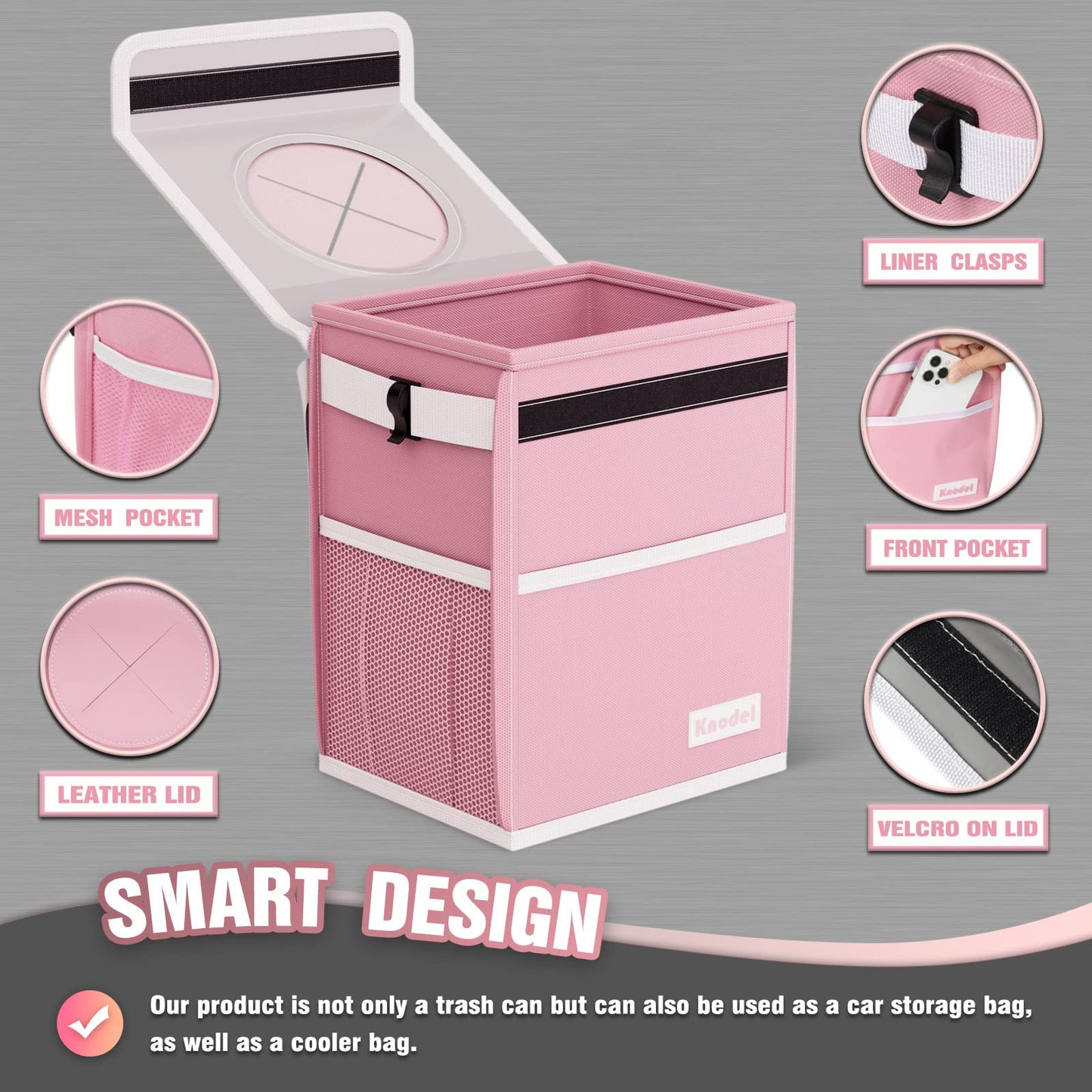 K KNODEL Waterproof Car Trash Can with Lid, Leak-Proof Garbage Bag, Hanging Bin for Women (Pink, Medium)
