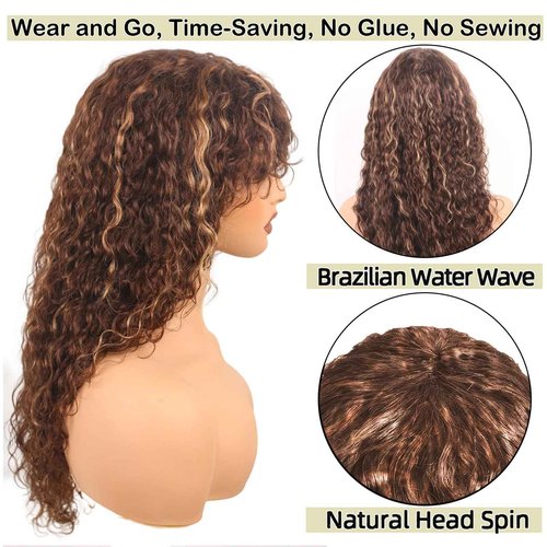 ManeMajesty 22 Inch Wet and Wavy Wig with Bangs, Glueless Non-Lace Front, 150% Density Brazilian Virgin Human Hair, Machine Made Curly Bob Wig for Women, Fs4/27 Brown with Blonde